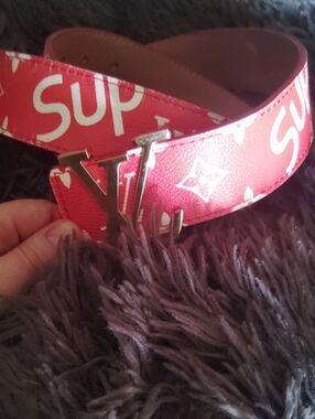 Louis Vuitton Red and White Monogram Logo Belt with LV Buckle